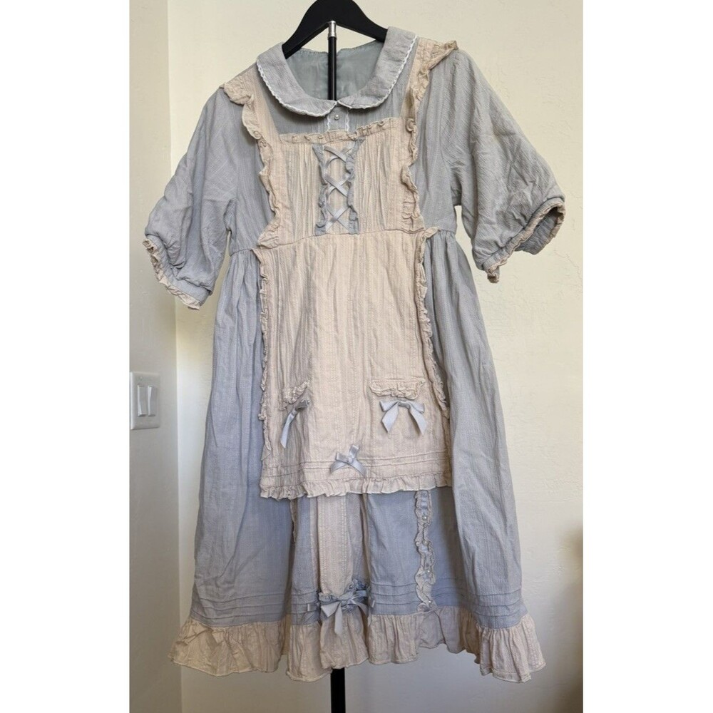Indie/Off brand Light Blue Cream Lolita OP Dress S M Ruffled Apron Cottagecore